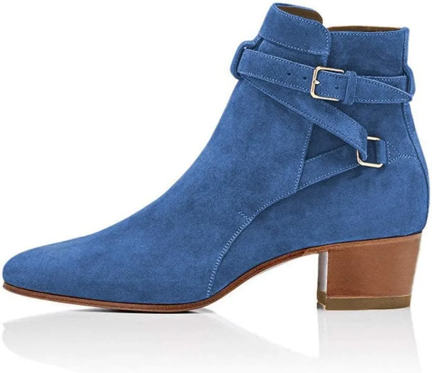 YDN Women Block Low Heel Suede Cowgirl Boots Pull on Ankle Bootie with Buckle
