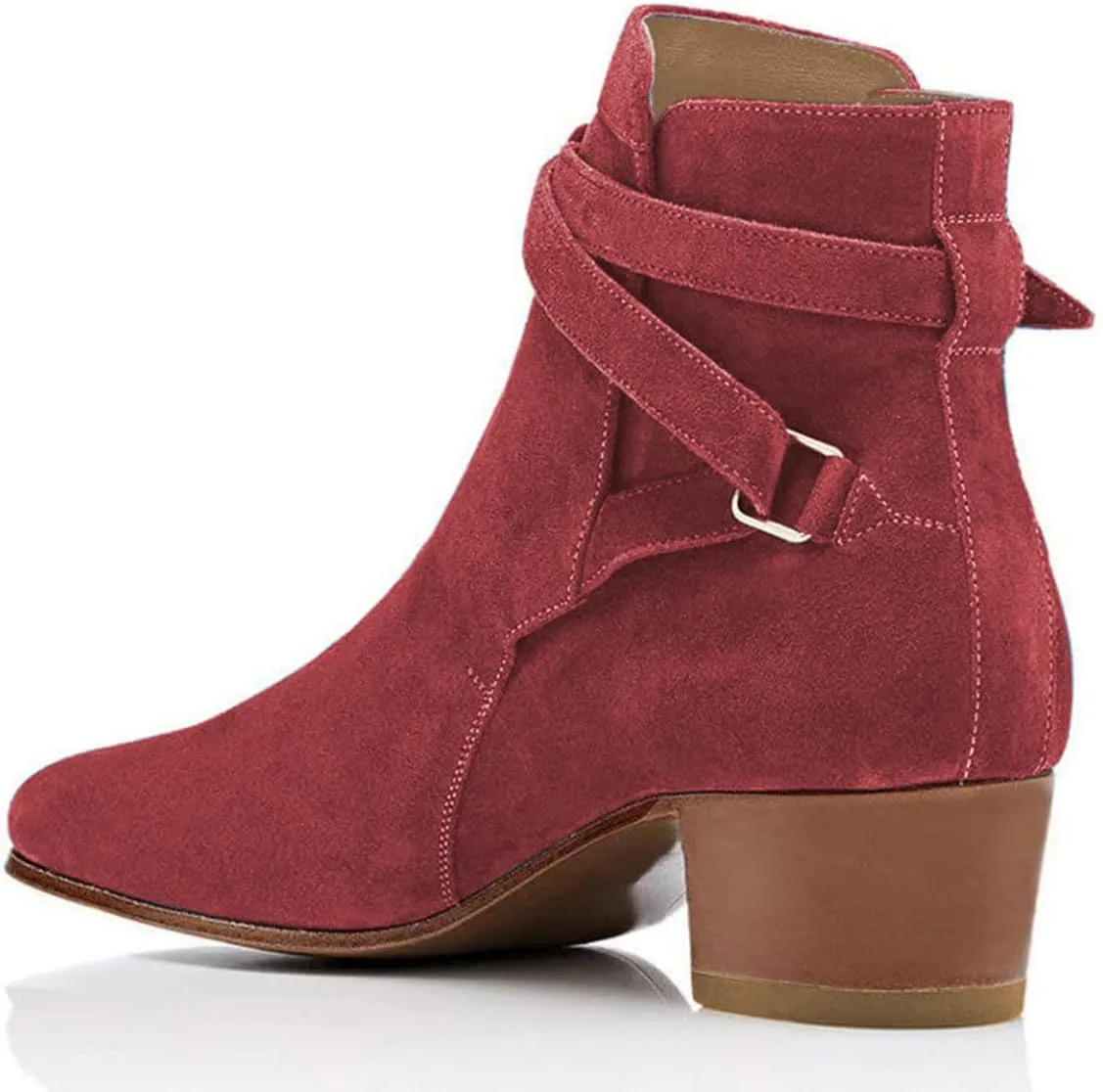 YDN Women Block Low Heel Suede Cowgirl Boots Pull on Ankle Bootie with Buckle