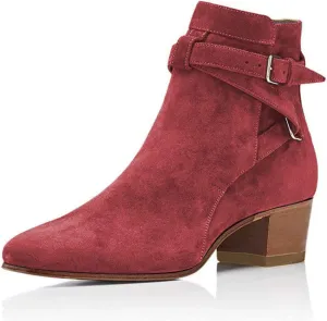 YDN Women Block Low Heel Suede Cowgirl Boots Pull on Ankle Bootie with Buckle