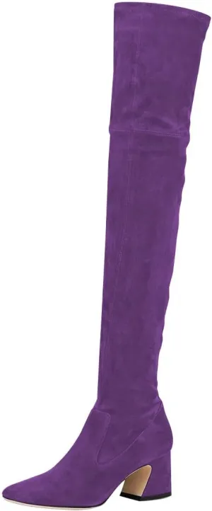 YDN Women Classic Pull on Long Boots Pointy Closed Toe Over Knee High Boots Thigh High Elastic Chunky Block Mid Heel Faux Suede Ladies Fall Winter Party Dress Shoes