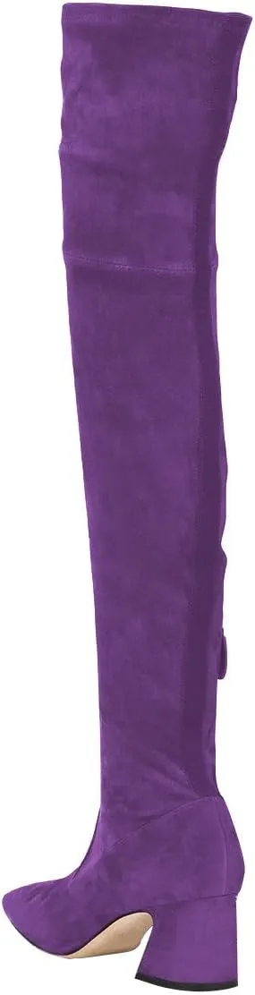 YDN Women Classic Pull on Long Boots Pointy Closed Toe Over Knee High Boots Thigh High Elastic Chunky Block Mid Heel Faux Suede Ladies Fall Winter Party Dress Shoes