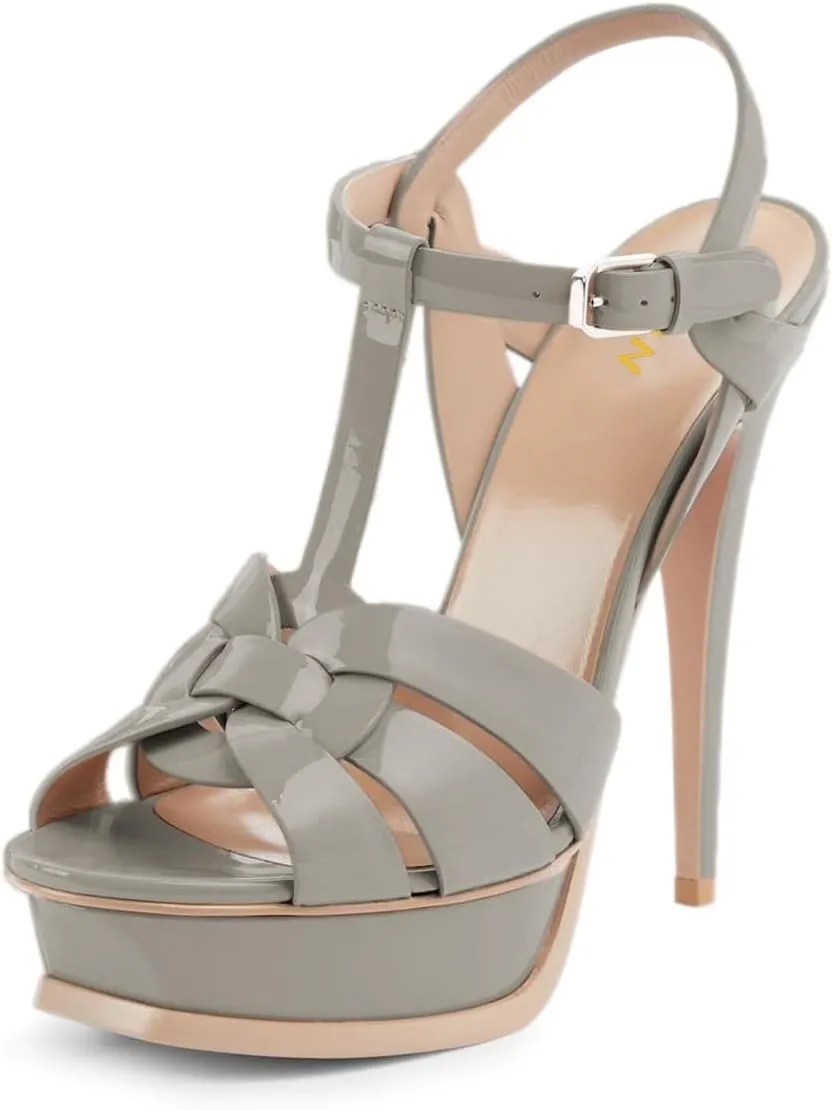 YDN Women's Strappy High Heeled Platform Sandals Peep Toe Stiletto Heels T-strap Ankle Strap Buckled Elegant Dress Shoes Size 4-16 US