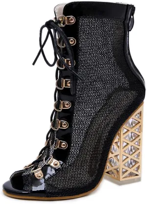 YHTootW Women's Heels Chunky Heel Fish Mouth Open Toe Vintage Sandals Lace Up Hollow Mesh Heels Summer Boots Rear Zipper Cutout Gold Heel Large Size Shoes Party Sexy