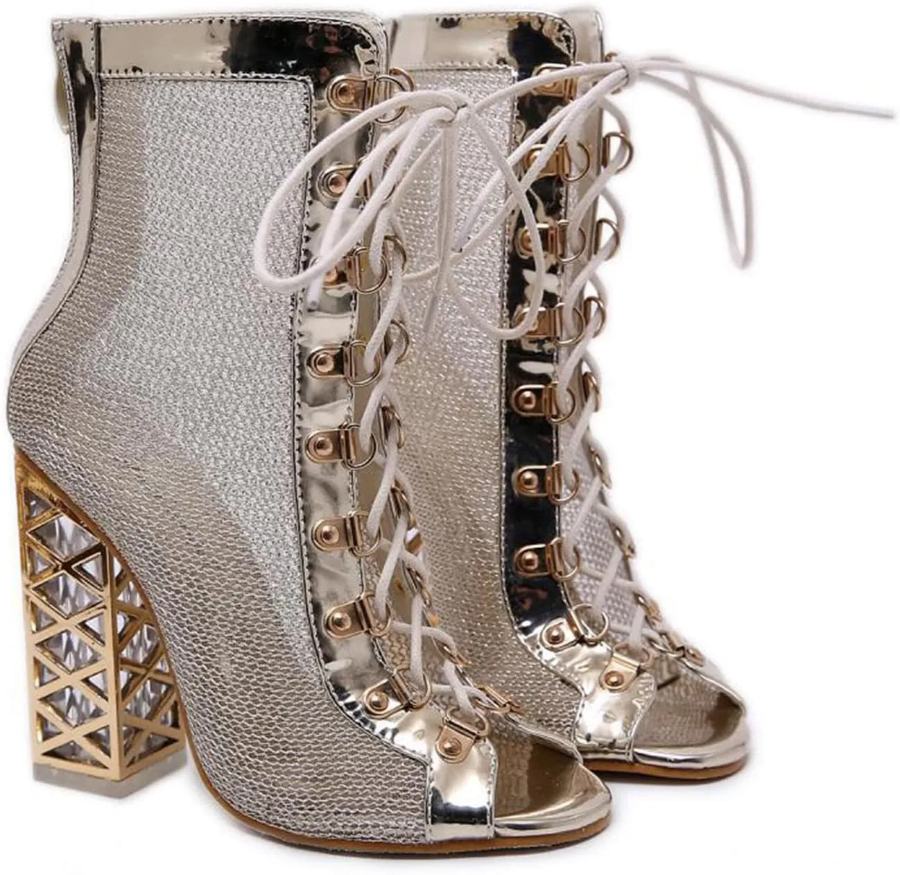 YHTootW Women's Heels Chunky Heel Fish Mouth Open Toe Vintage Sandals Lace Up Hollow Mesh Heels Summer Boots Rear Zipper Cutout Gold Heel Large Size Shoes Party Sexy