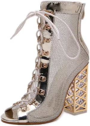 YHTootW Women's Heels Chunky Heel Fish Mouth Open Toe Vintage Sandals Lace Up Hollow Mesh Heels Summer Boots Rear Zipper Cutout Gold Heel Large Size Shoes Party Sexy