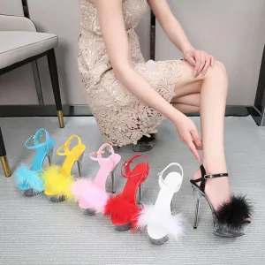 YIBLBOX Women's Fluffy Feather Sandals Ankle Strap Clear Platform High Heel Stiletto Shoes
