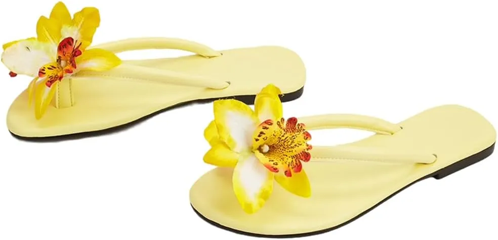 YIYA Women's 3D Flower Thong Flats Sandals Open Round Toe Slip On Slides Summer Casual Beach Floral Slippers