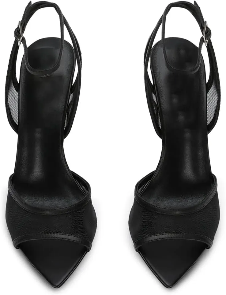 YIYA Women's Black Mesh Slingback Kitten Heels Sandals Open Peep Pointed Toe Stiletto High Heels Ankle Buckle Strap Summer Party Dress Pumps Shoes