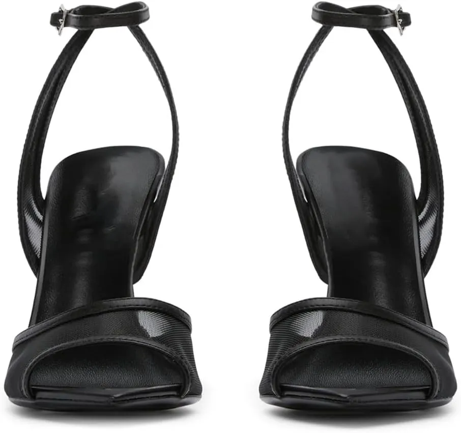YIYA Women's Black Mesh Slingback Kitten Heels Sandals Open Peep Pointed Toe Stiletto High Heels Ankle Buckle Strap Summer Party Dress Pumps Shoes
