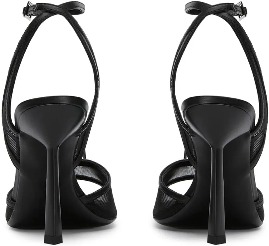 YIYA Women's Black Mesh Slingback Kitten Heels Sandals Open Peep Pointed Toe Stiletto High Heels Ankle Buckle Strap Summer Party Dress Pumps Shoes