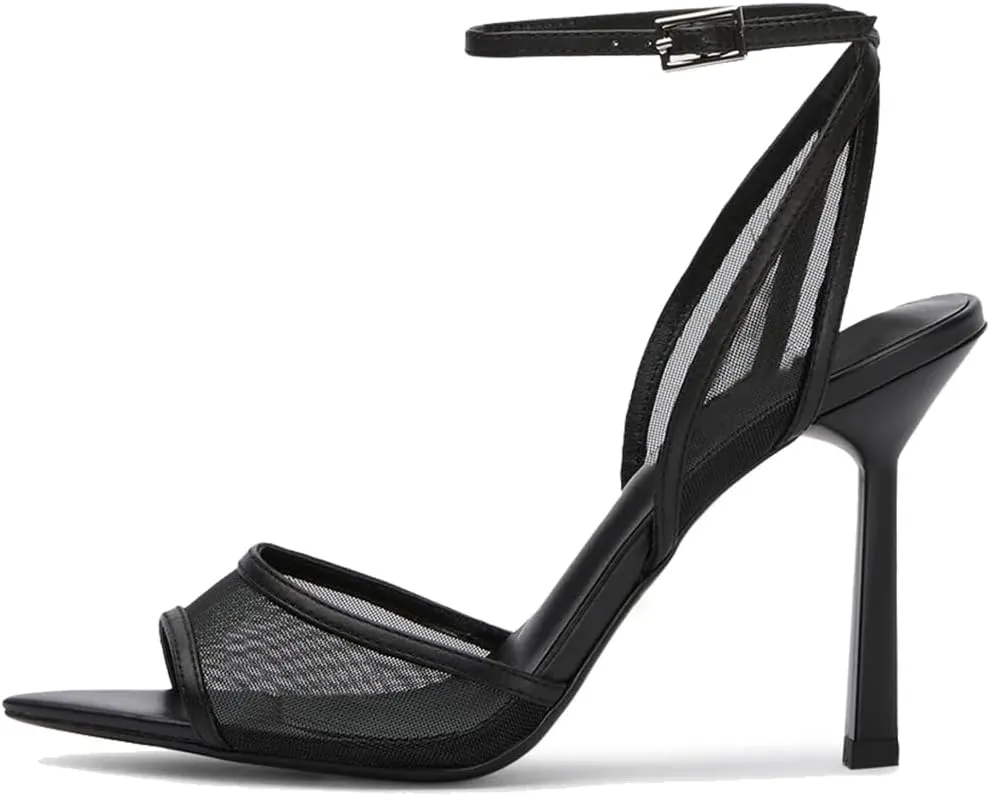 YIYA Women's Black Mesh Slingback Kitten Heels Sandals Open Peep Pointed Toe Stiletto High Heels Ankle Buckle Strap Summer Party Dress Pumps Shoes