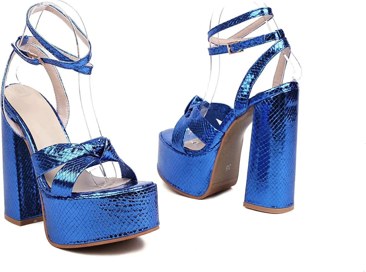 YIYA Women's Metallic Platform Chunky Heeled Sandals Open Round Toe Strappy Heels Ankle Strap Wedding Party Dress Shoes