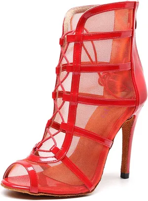 YKXLM Latin Dance Boots Salsa Bachata Performance Women Ballroom Lace-up Ankle Open Toe Dance Shoes