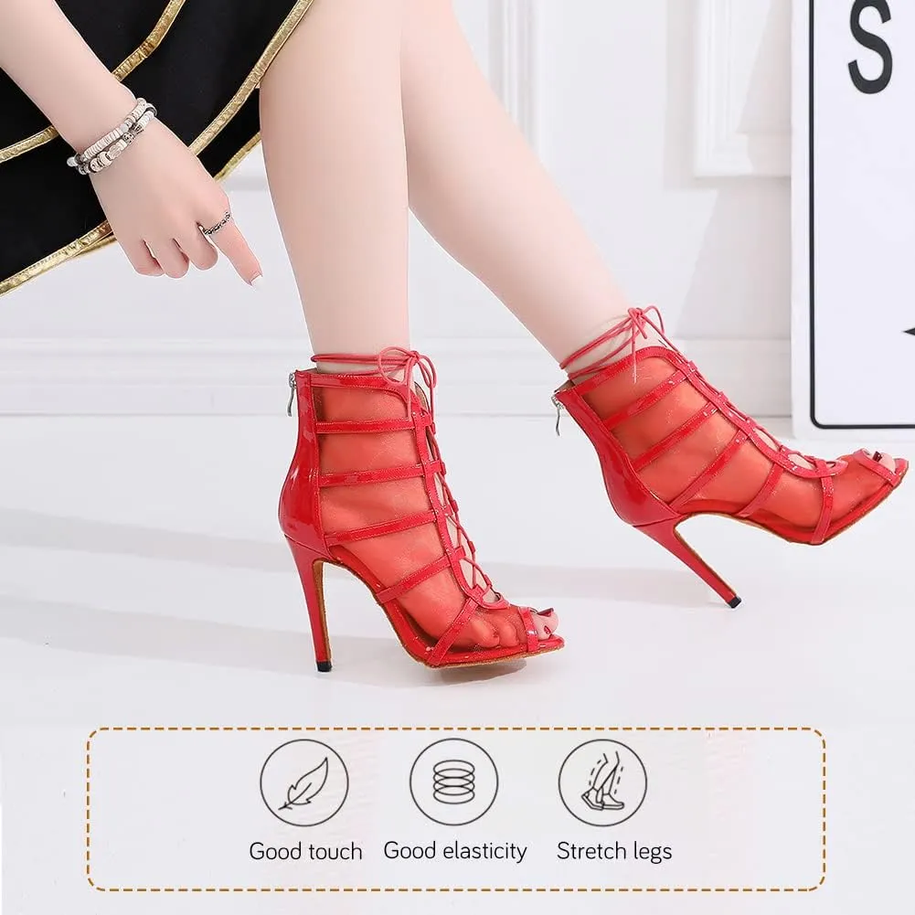 YKXLM Latin Dance Boots Salsa Bachata Performance Women Ballroom Lace-up Ankle Open Toe Dance Shoes