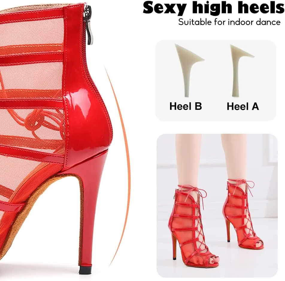 YKXLM Latin Dance Boots Salsa Bachata Performance Women Ballroom Lace-up Ankle Open Toe Dance Shoes
