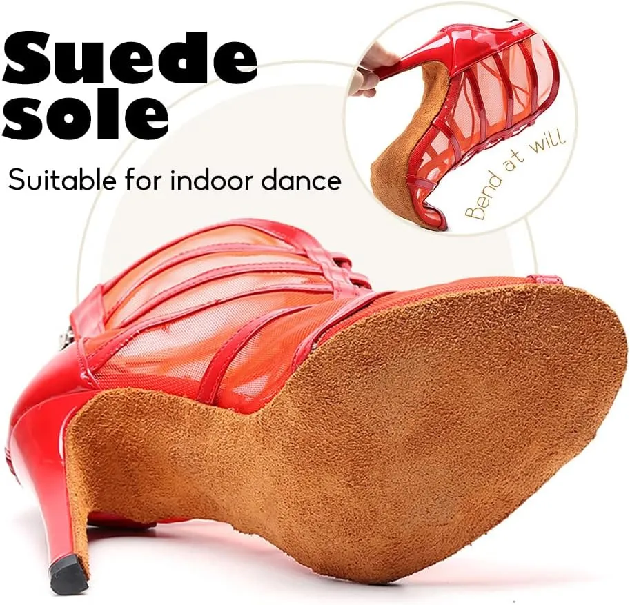 YKXLM Latin Dance Boots Salsa Bachata Performance Women Ballroom Lace-up Ankle Open Toe Dance Shoes