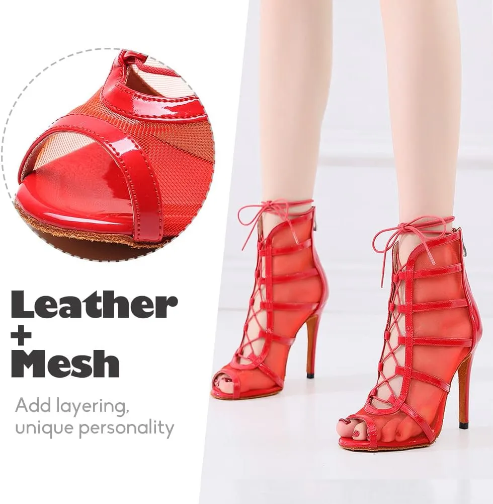 YKXLM Latin Dance Boots Salsa Bachata Performance Women Ballroom Lace-up Ankle Open Toe Dance Shoes