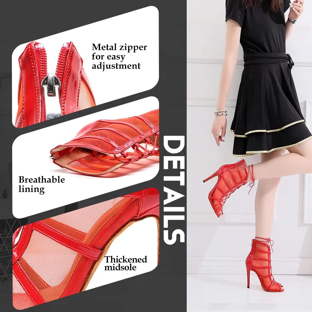 YKXLM Latin Dance Boots Salsa Bachata Performance Women Ballroom Lace-up Ankle Open Toe Dance Shoes