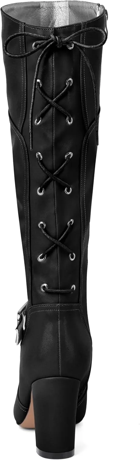 Zamikoo Womens Slouchy Knee High Boots Round Toe Chunky Block Heel Knee Booties Side Zipper Metal Buckle Slouch Dress Boots 3.5 Inch
