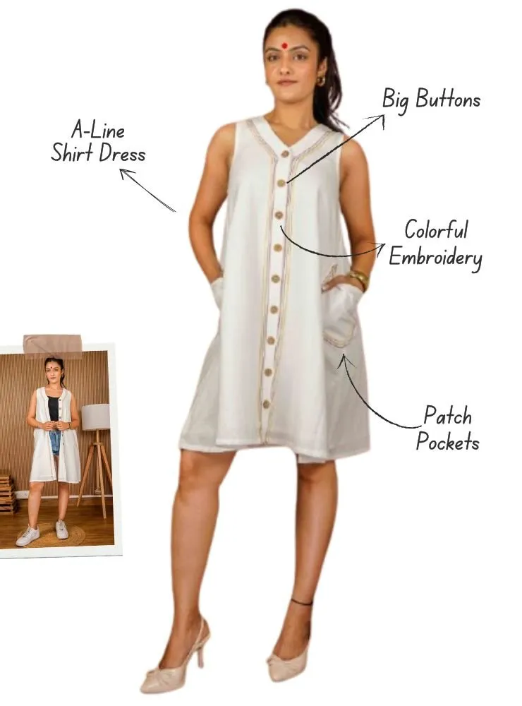 Zara Dress | Handloom Cotton Shirt Dress with Embroidery