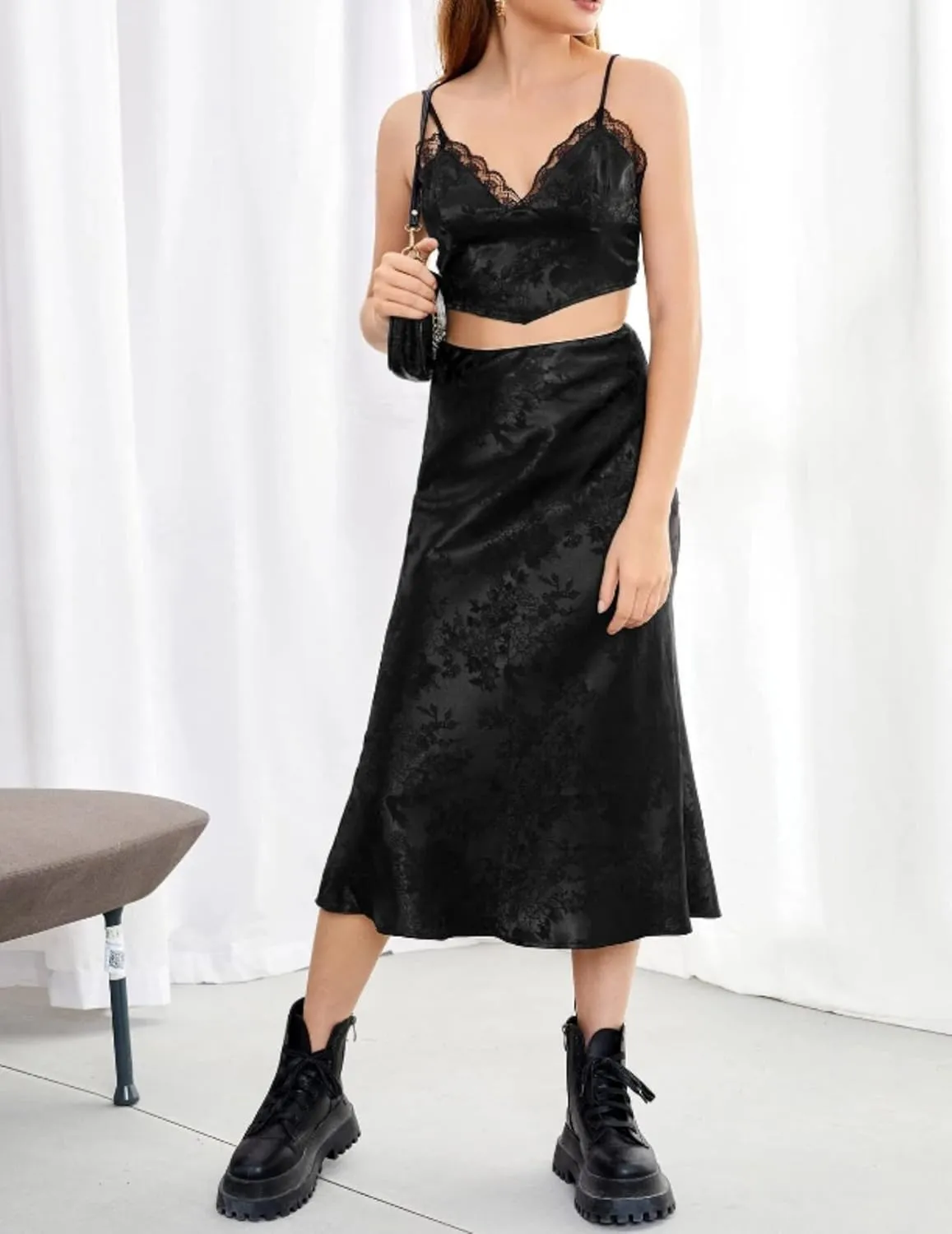Zeagoo Skirts for Women Jacquard High Waist Skirt Black Elegant Midi Skirt Satin