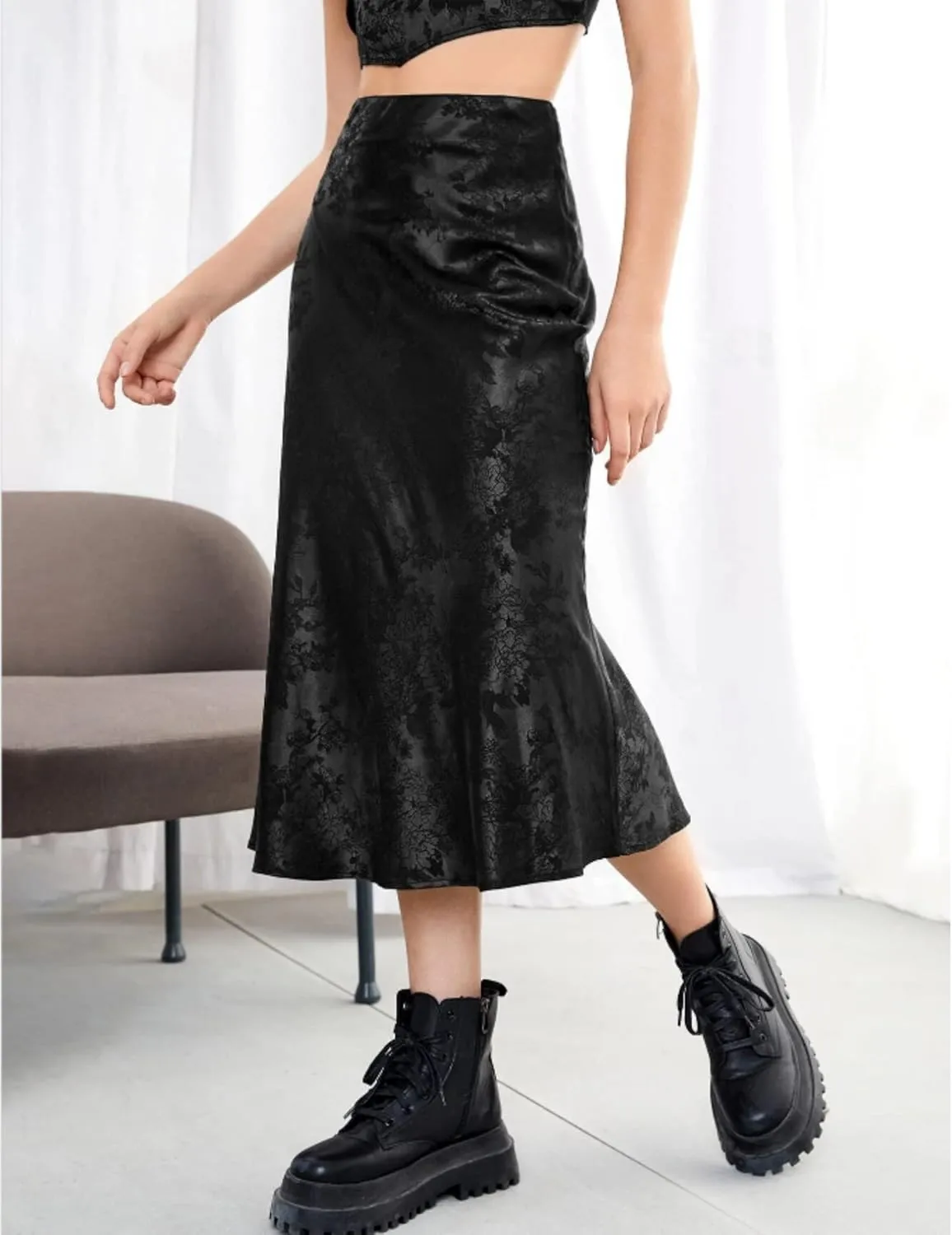 Zeagoo Skirts for Women Jacquard High Waist Skirt Black Elegant Midi Skirt Satin