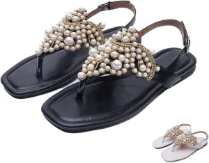Zeberfi Women's Rhinestone Pearl Flat Sandals Fashion Open Square Toe T-Strap Buckle Bohemian Flip Flops Summer Elegant Bride Wedding Party Dress Shoes