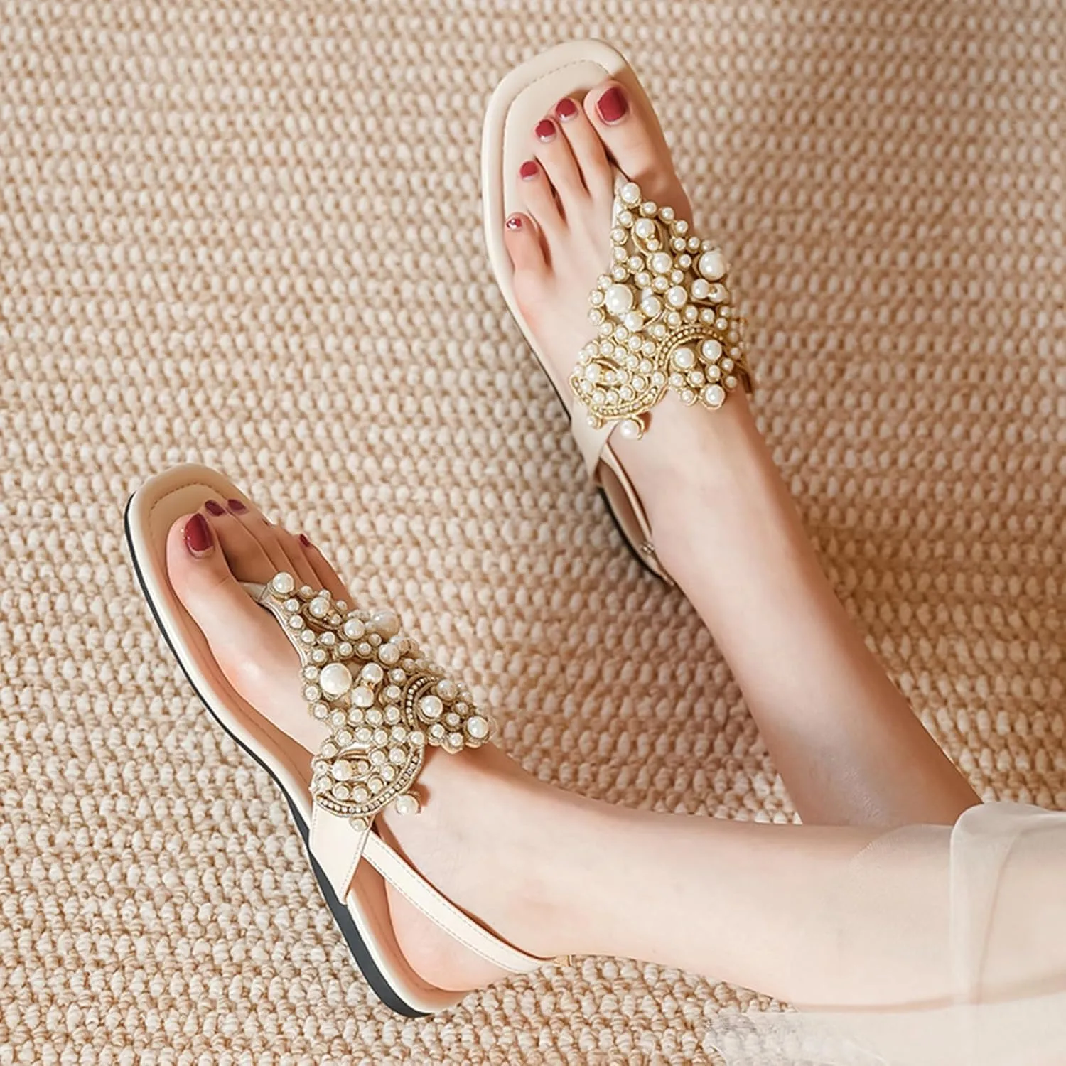Zeberfi Women's Rhinestone Pearl Flat Sandals Fashion Open Square Toe T-Strap Buckle Bohemian Flip Flops Summer Elegant Bride Wedding Party Dress Shoes