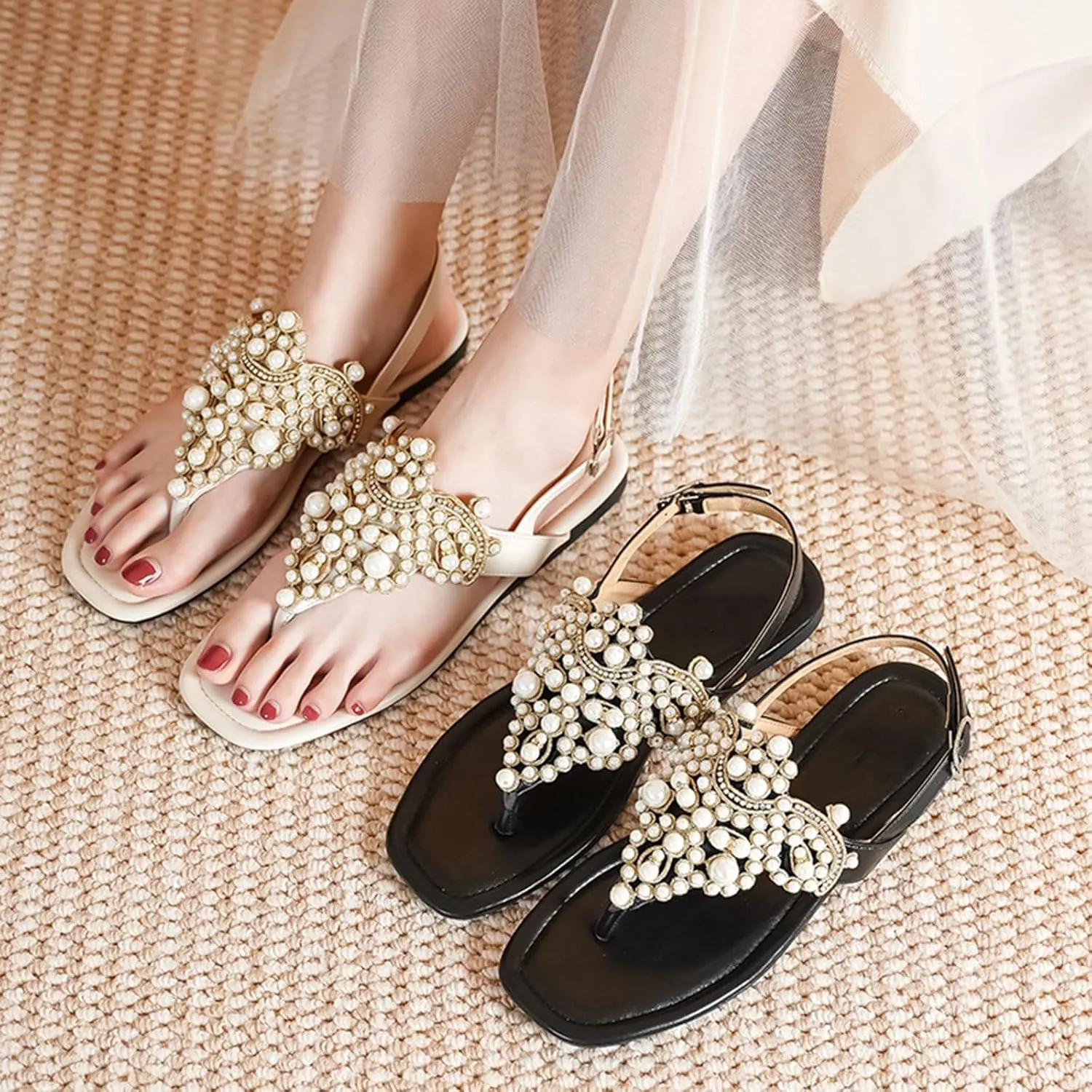 Zeberfi Women's Rhinestone Pearl Flat Sandals Fashion Open Square Toe T-Strap Buckle Bohemian Flip Flops Summer Elegant Bride Wedding Party Dress Shoes