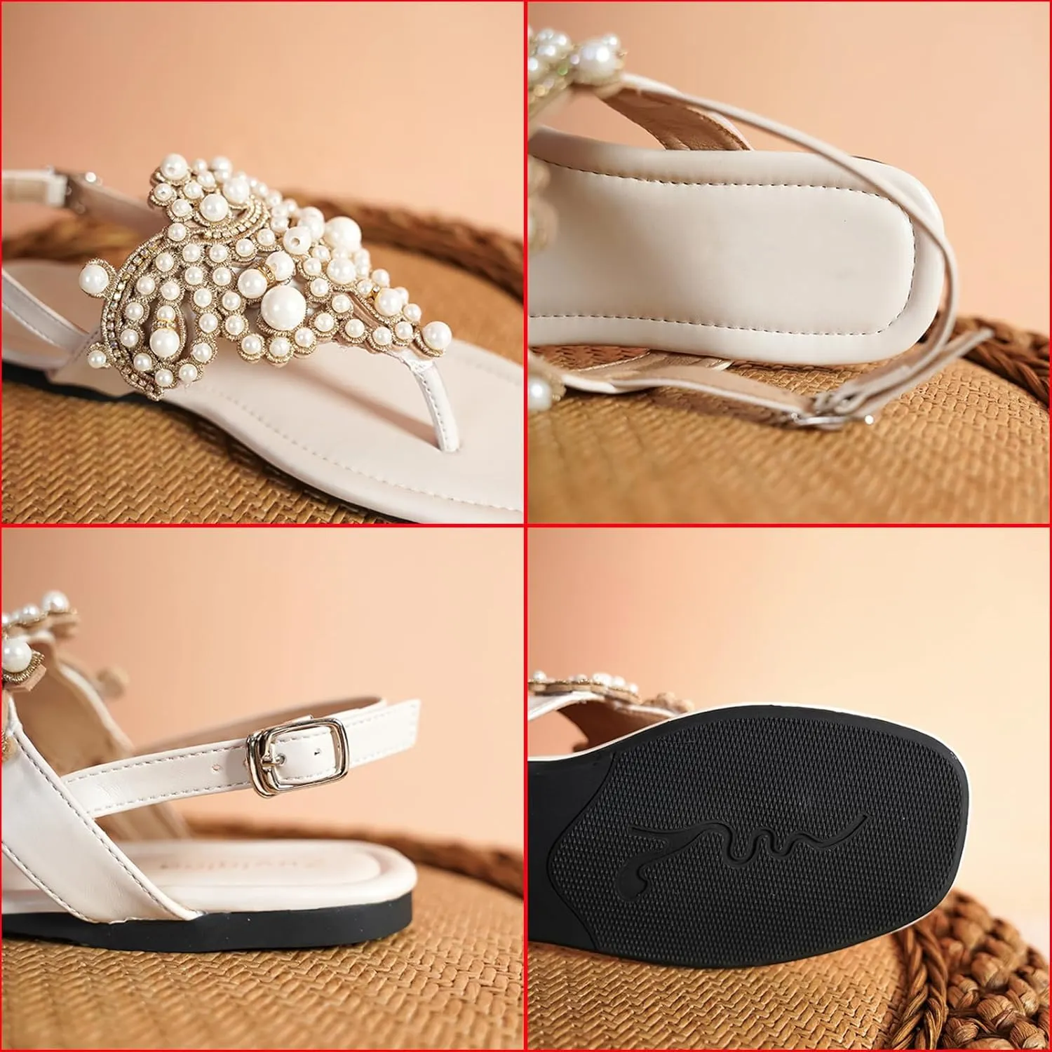 Zeberfi Women's Rhinestone Pearl Flat Sandals Fashion Open Square Toe T-Strap Buckle Bohemian Flip Flops Summer Elegant Bride Wedding Party Dress Shoes