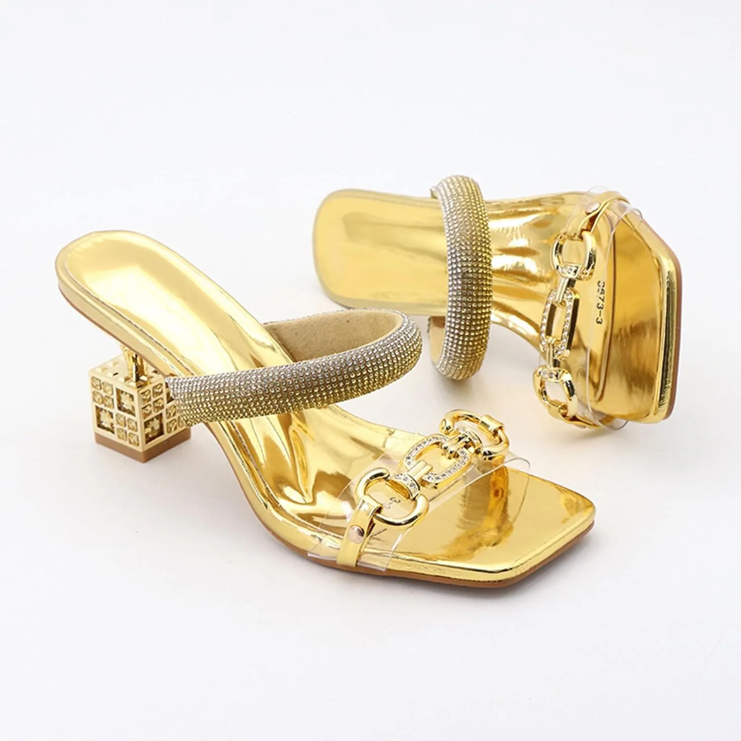 Zeberfi Women's Two Strap Rhinestone Square Heeled Sandals Sexy Sparkly Square Toe Slip On High Heels Mules Sandals Summer Elegant Bride Wedding Dress Shoes