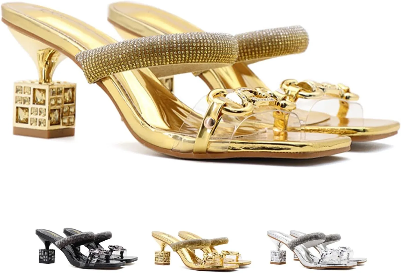 Zeberfi Women's Two Strap Rhinestone Square Heeled Sandals Sexy Sparkly Square Toe Slip On High Heels Mules Sandals Summer Elegant Bride Wedding Dress Shoes