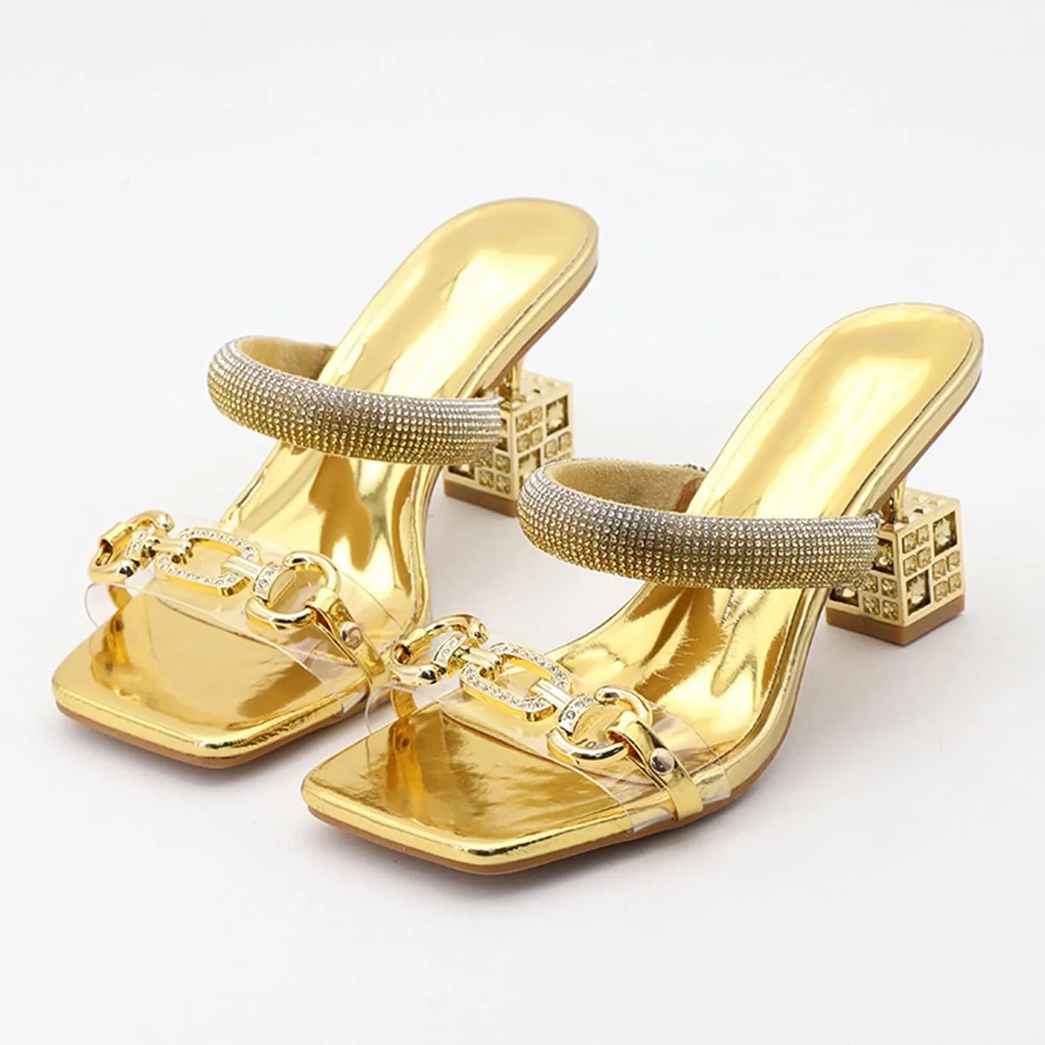 Zeberfi Women's Two Strap Rhinestone Square Heeled Sandals Sexy Sparkly Square Toe Slip On High Heels Mules Sandals Summer Elegant Bride Wedding Dress Shoes