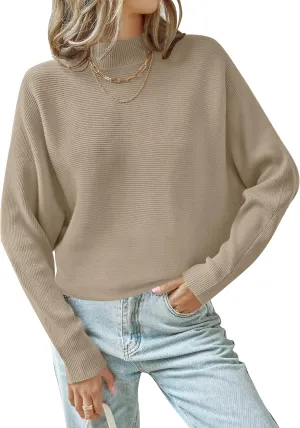 ZESICA Women's Fall Turtleneck Batwing Long Sleeve Ribbed Knit Casual Soft Pullover Sweater Jumper Top