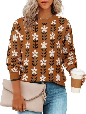 ZESICA Women's Long Sleeve Crewneck Sweater 2025 Fall Printed Cute Oversized Knitted Pullover Tops Trendy Clothes