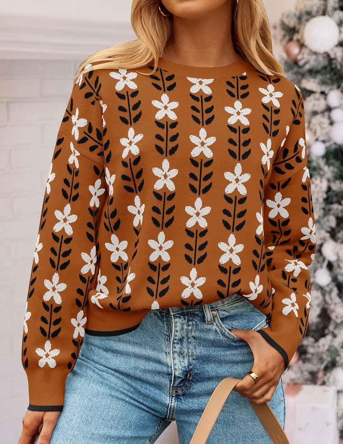 ZESICA Women's Long Sleeve Crewneck Sweater 2025 Fall Printed Cute Oversized Knitted Pullover Tops Trendy Clothes