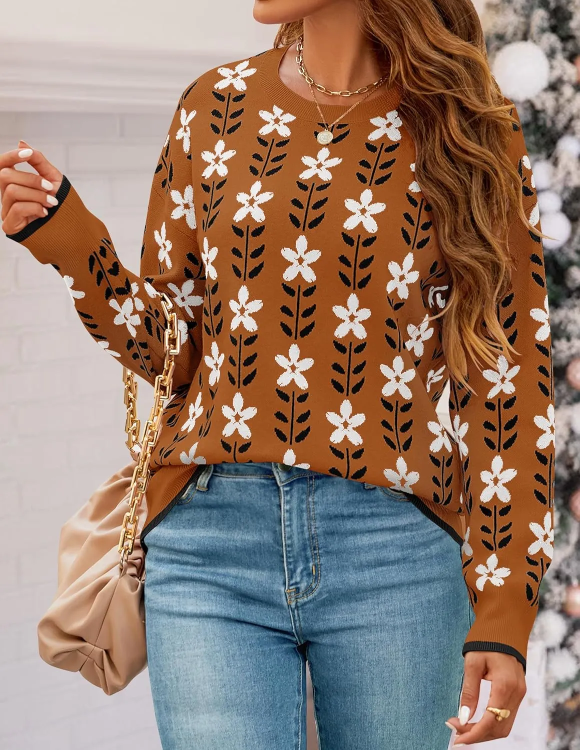 ZESICA Women's Long Sleeve Crewneck Sweater 2025 Fall Printed Cute Oversized Knitted Pullover Tops Trendy Clothes
