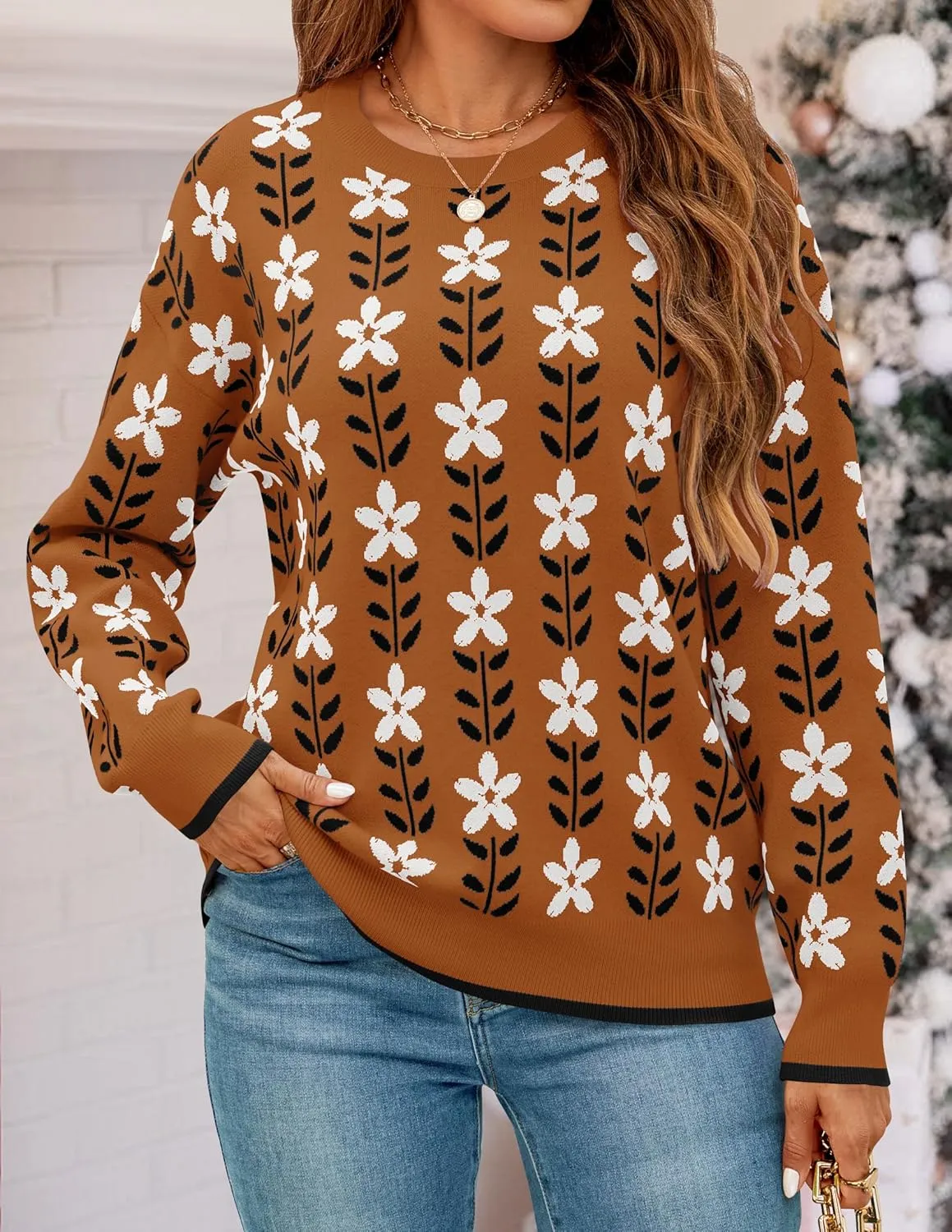 ZESICA Women's Long Sleeve Crewneck Sweater 2025 Fall Printed Cute Oversized Knitted Pullover Tops Trendy Clothes