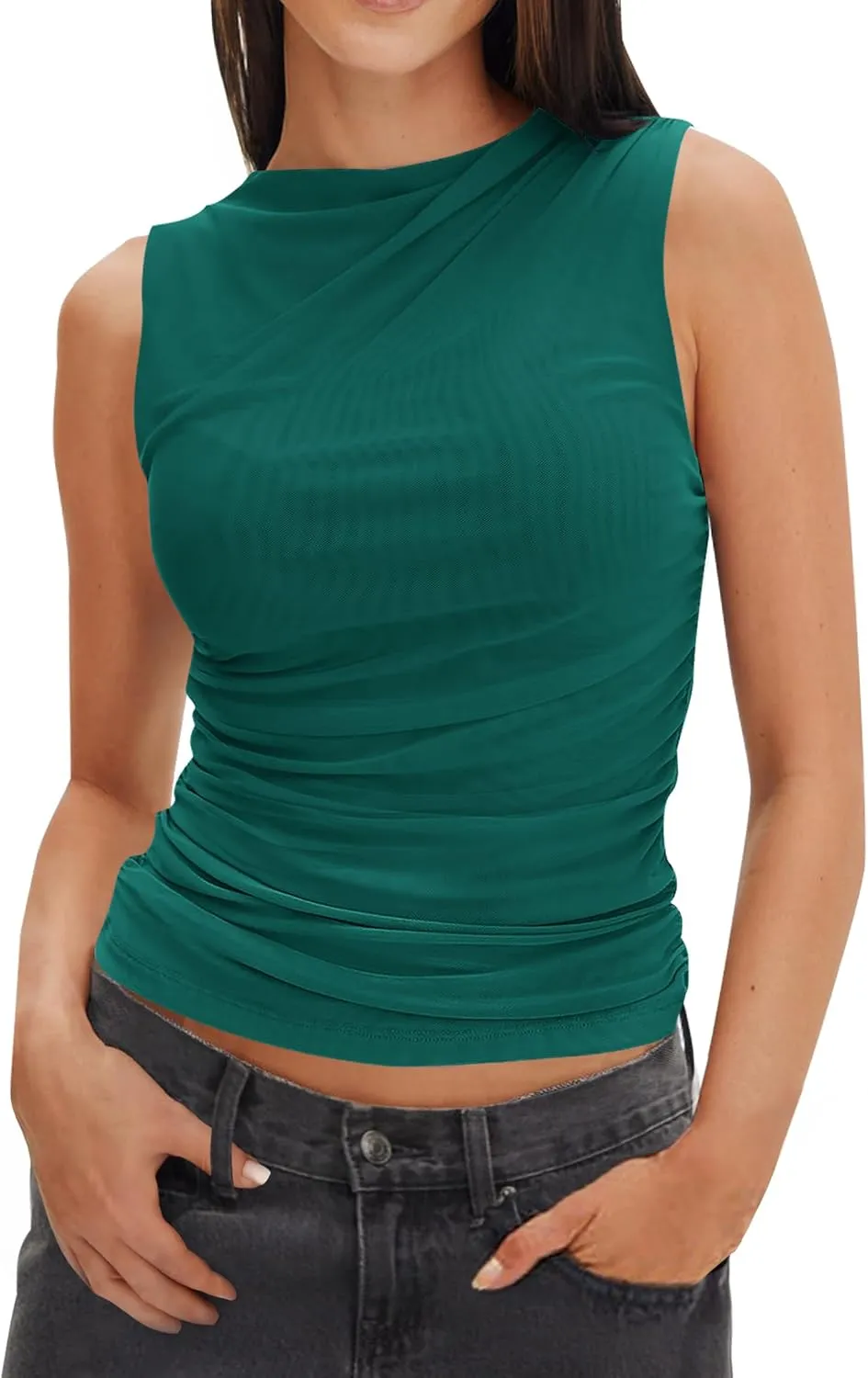 ZESICA Womens Mesh Tank Top Summer Sleeveless High Neck Ruched Slim Fitted Casual Tee Shirts