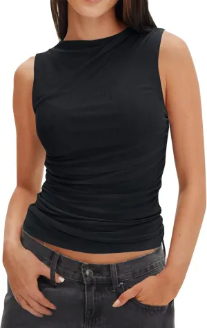 ZESICA Womens Mesh Tank Top Summer Sleeveless High Neck Ruched Slim Fitted Casual Tee Shirts