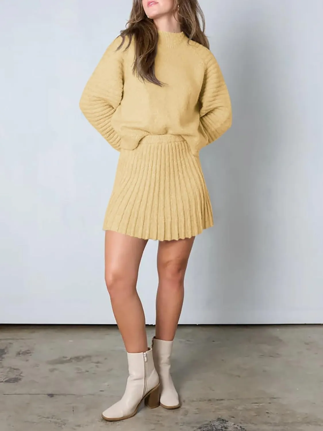 Zwurew Women's 2 Piece Outfits 2024 Long Sleeve Mock Neck Ribbed Sweaters And Mini Skirt Two Piece Sets