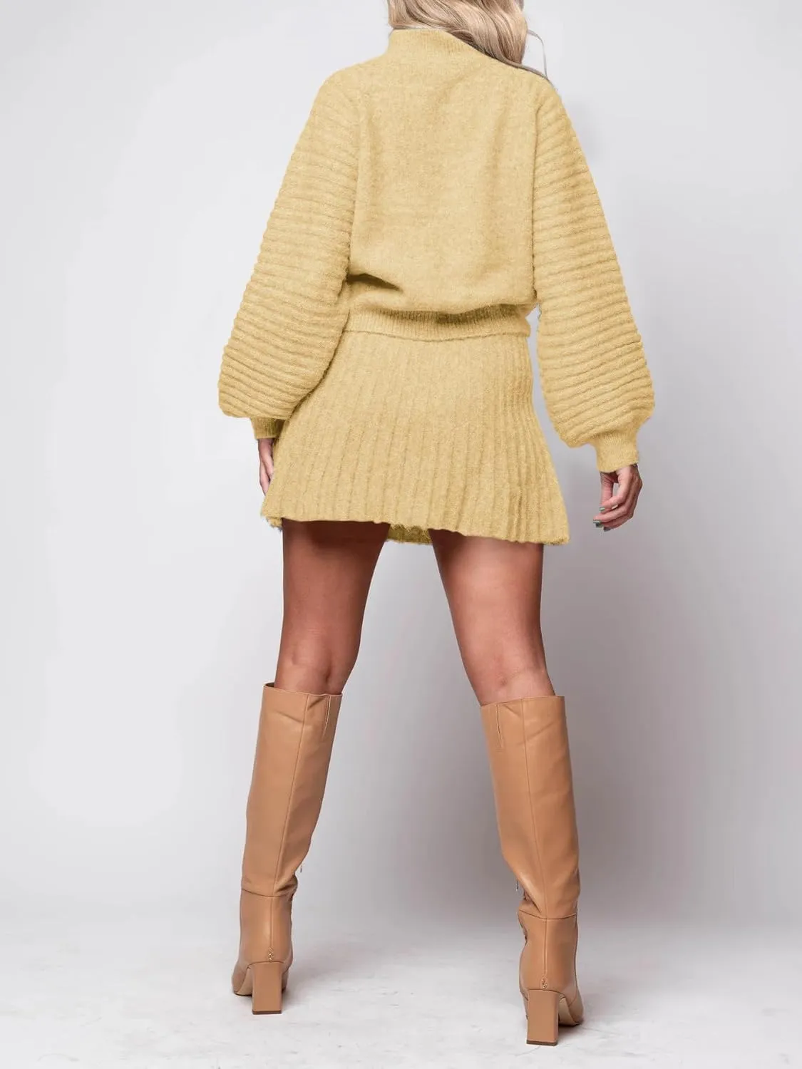 Zwurew Women's 2 Piece Outfits 2024 Long Sleeve Mock Neck Ribbed Sweaters And Mini Skirt Two Piece Sets
