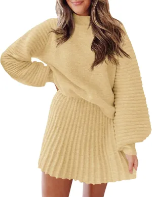 Zwurew Women's 2 Piece Outfits 2024 Long Sleeve Mock Neck Ribbed Sweaters And Mini Skirt Two Piece Sets