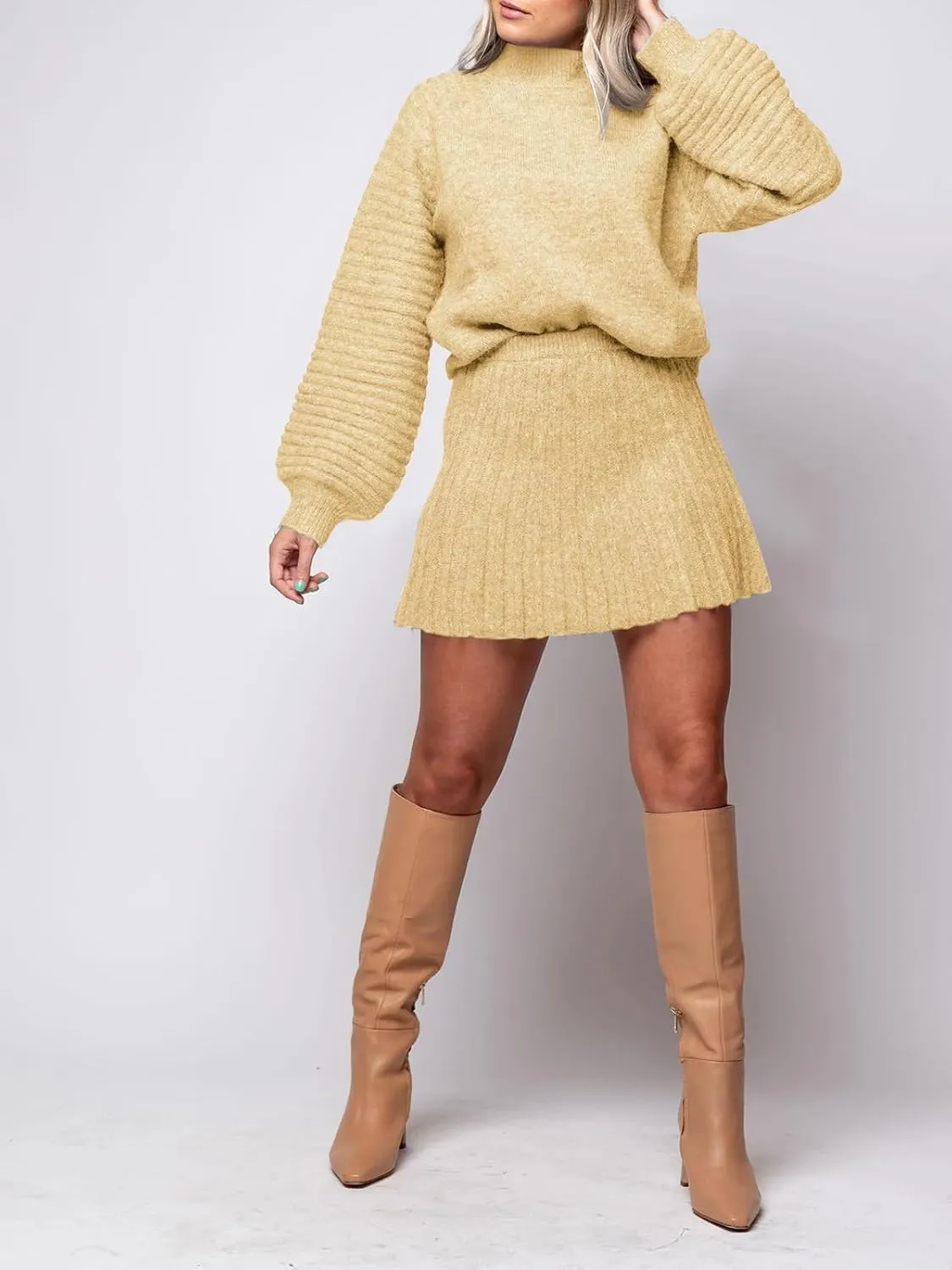 Zwurew Women's 2 Piece Outfits 2024 Long Sleeve Mock Neck Ribbed Sweaters And Mini Skirt Two Piece Sets