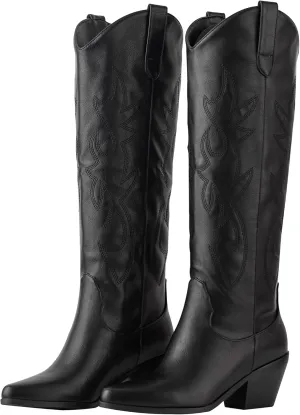 ZXHYZLZ Cowboy Boots For Women -Wide Calf Knee High Cowgirl Boots Botas Vaqueras Para Mujer Classic Embroidered Slip On Pointed Toe Thick Heel western Tall Boots Great For Country Concerts and Parties