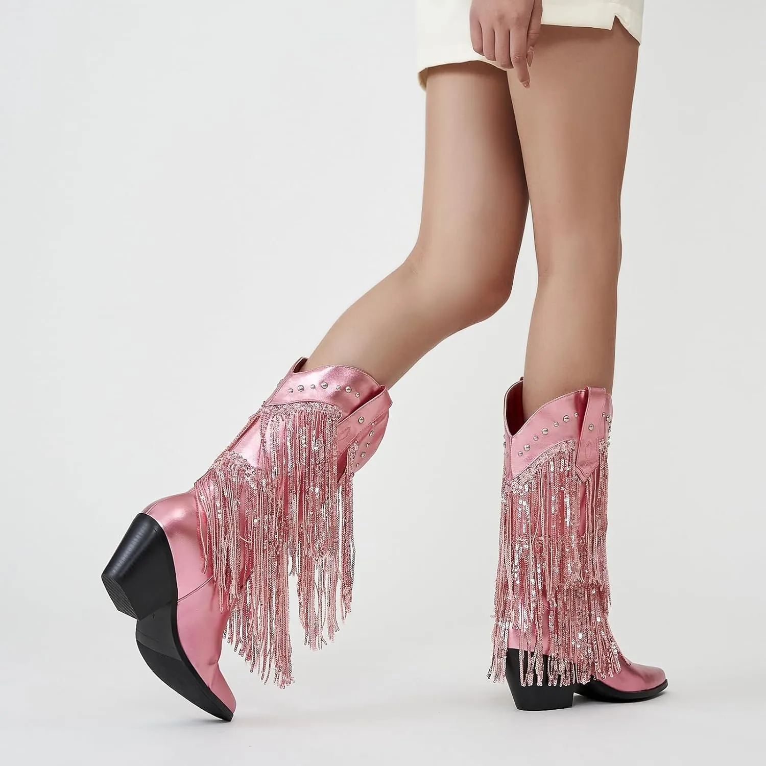 ZXHYZLZ Western Cowboy Boots for Women - Mid Calf Embroidered Cowgirl Boots, Slip On Pointed Toe Chunky Heel Fashion Retro Classic Boots